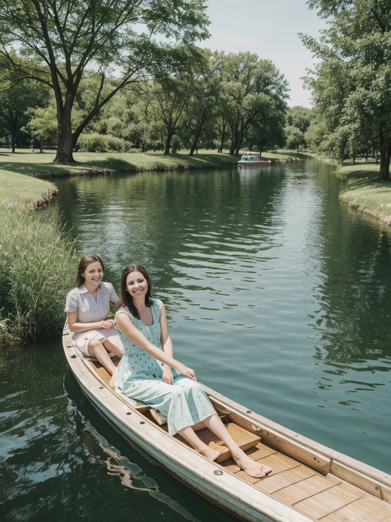 her name is Elle, high quality, 1girl, ((20-year-old fit Caucasian woman)), ((20 years old)), ((fit)), ((pale skin)), short length straight dark hair , wearing Pastel Mint Polka Dot Sundress, pose: standing, background: Capture the serene beauty of a lakeside park in a European city, with people strolling along the paths, boats gently gliding on the water, and families enjoying picnics on the grass