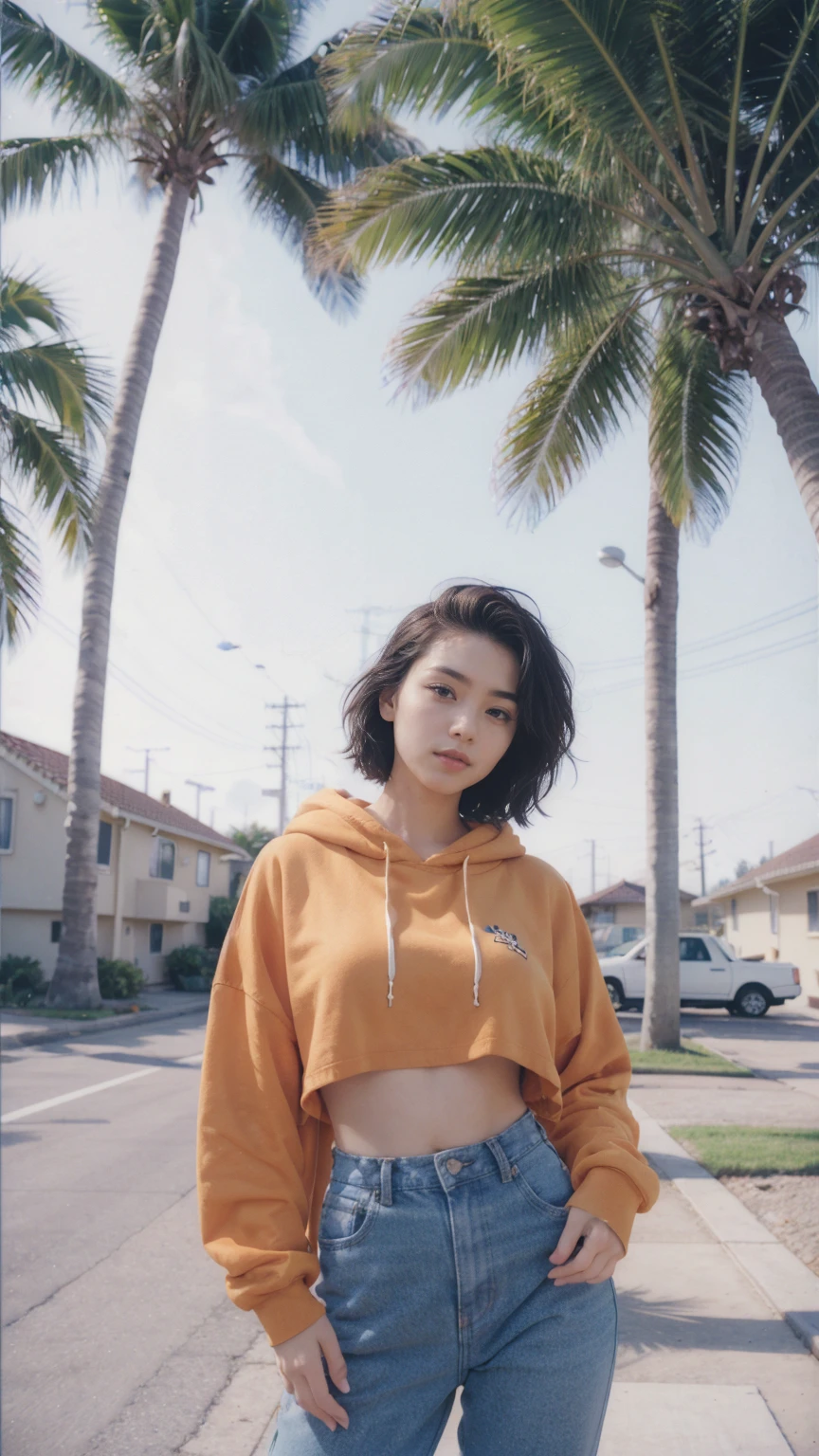 8K, 1girl, UHD,beautiful, black bob hairstlye, ((orange oversize hoodie)), oversize_shirt, sweatpants, Evening light,，Taking a walk，purple slacks, look at viewer, (((80's architecture colorful motel))) ,perfect beautiful face,perfect nose,perfect eyes, perfect lips kodak gold 200 fisheye-8mmlens-v2exp ,25 yo cute korean, ((busty perfect body)) perfect face, 35mm film,palm trees, blue sky, sunny summer, los angles vibes (photorealistic:1.2), (ultra realistic:1.3), (very detailed:1.1), ((masterpiece))