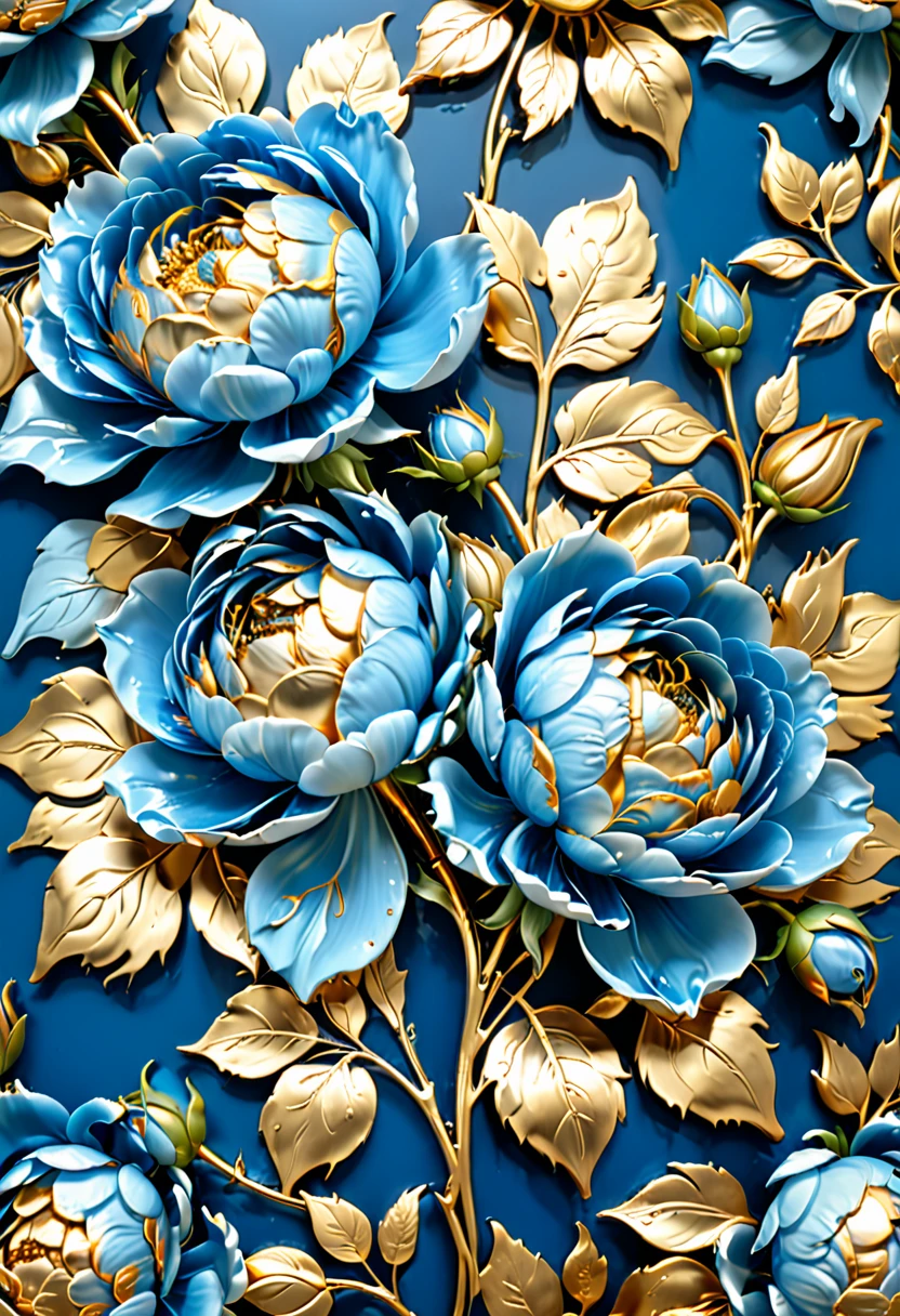 синий blue цветок с золотыми листьями светлом фоне, blue, gold, Golden flowers, цвета с goldм светло-голубы, blue peonies, rendering a Blue Rose, goldй и blue, цветы и gold, detailed digital 3D art, gold и blue, beautiful digital images, Gilded. Floral, Golden flowers, Blue Rose, Glossy intricate design, intricate artwork