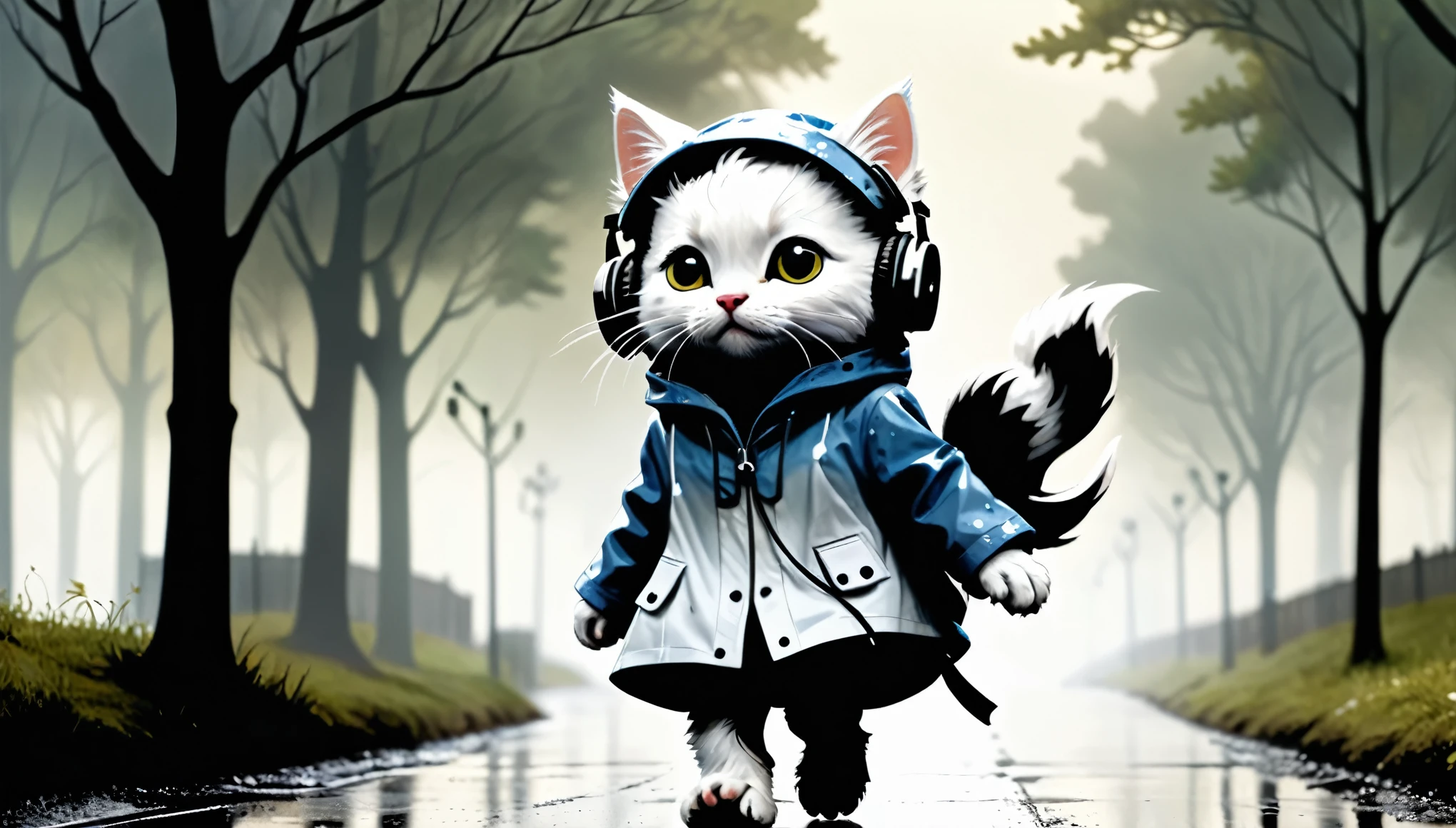 (photo cinematic), (((raining))), anthropomorphic, cute white kitten, raincoat, misty park, walking, listening to music on headphones, 2D, silhouette, Jean-Baptiste Monge style, Alan Lee style