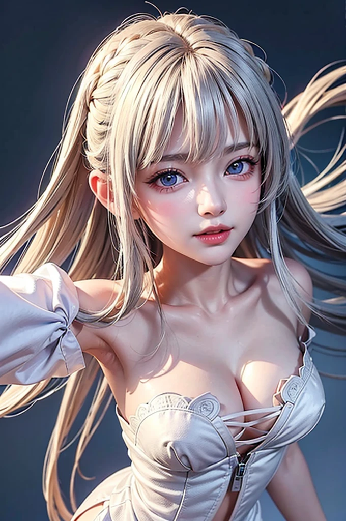 (Close-up image)((masterpiece:1.5,Highest quality,Highly detailed images,Beautiful images、Realistic、Photorealistic、2.5D))(1girl, 独奏,)(Adult women、medium beautiful breasts, white hair, beautiful eyes、Beautiful cleavage)(cleavage_cutout, quilting, Jacket)(smile, wind, floating hair)(dark、Soft lighting、Fantastic Background)