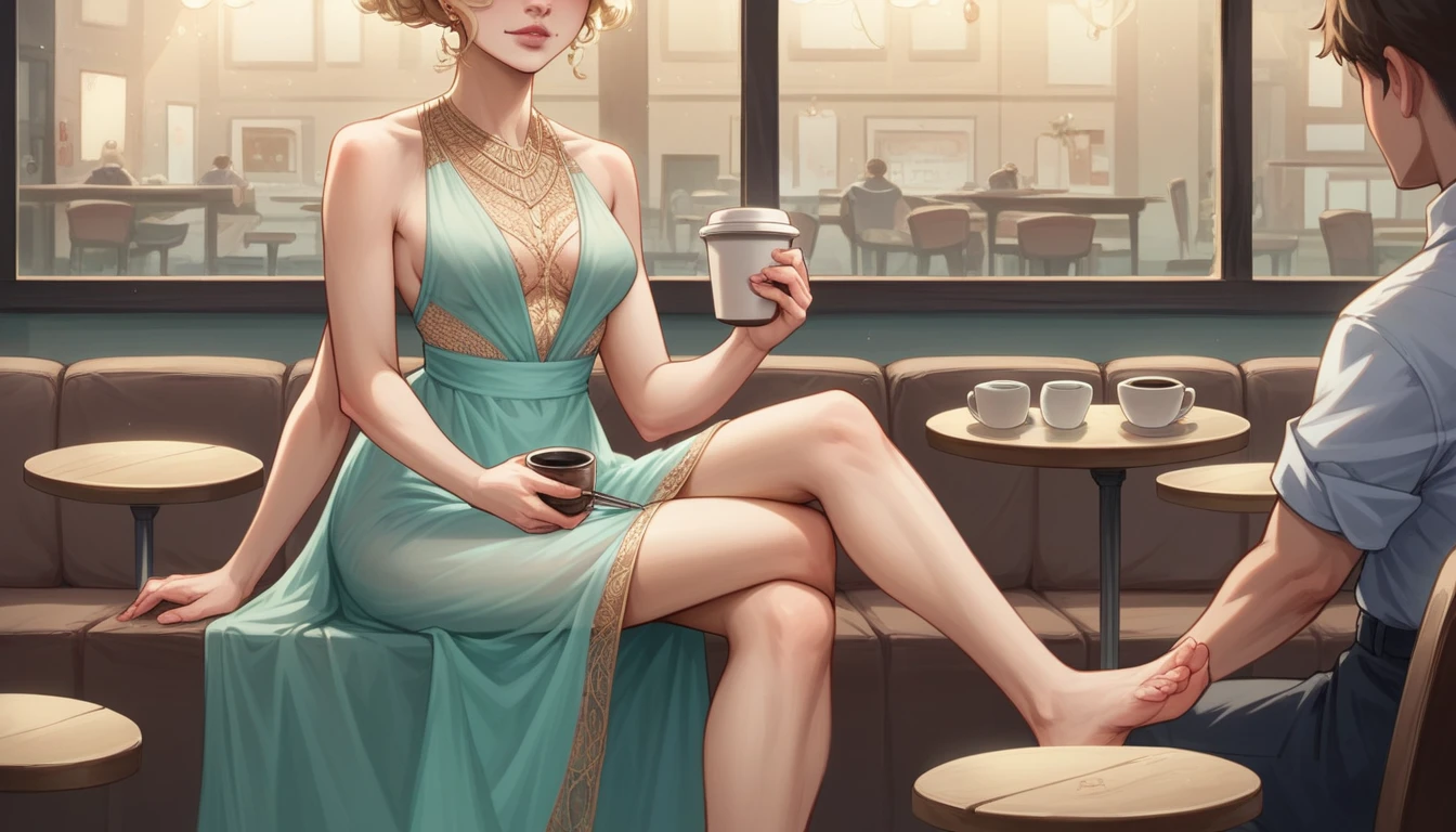 Full body, Beautiful attractive blonde woman sitting in a coffee restaurant, see-through extravagant outfit, fashion illustration, realistic shading, aesthetic lighting by Pietro Cassar, 4k resolution, detailed clothing design

Negative prompt: poorly drawn face, low resolution, bad-hands-5, grainy, out of frame, extra limbs, tiling