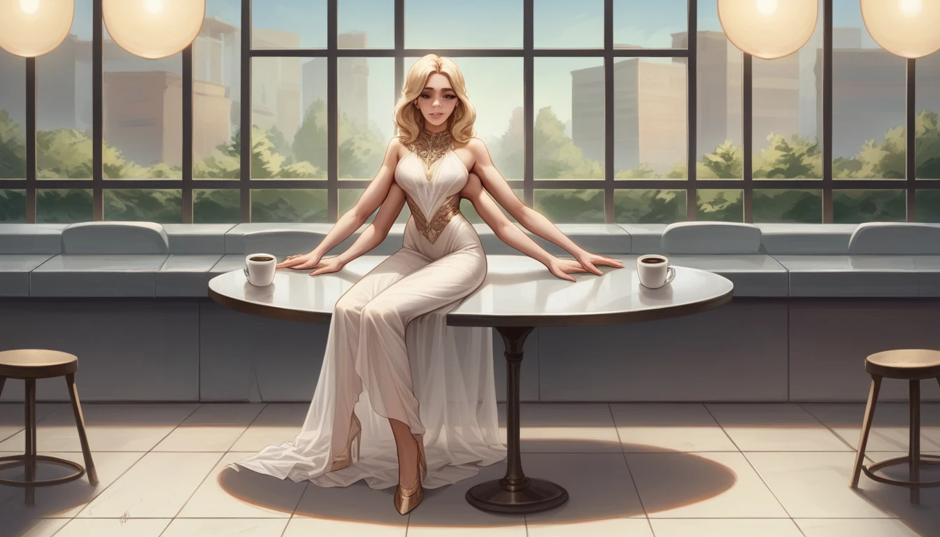 Full body, Beautiful attractive blonde woman sitting in a coffee restaurant, see-through extravagant outfit, fashion illustration, realistic shading, aesthetic lighting by Pietro Cassar, 4k resolution, detailed clothing design
Negative prompt: poorly drawn face, low resolution, bad-hands-5, grainy, out of frame, extra limbs, tiling