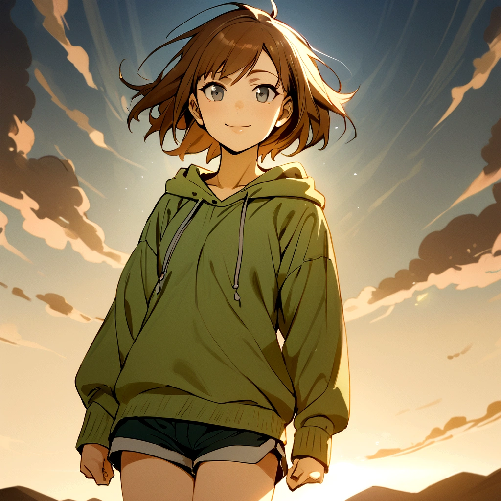 make me a female, , brown short hair, grey eyes, she's smiling, green hoodie and shorts