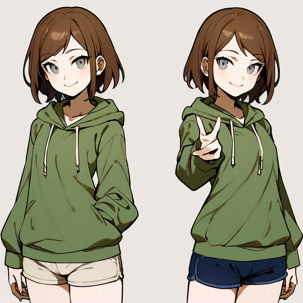 make me a female, , brown short hair, grey eyes, she's smiling, green hoodie and shorts