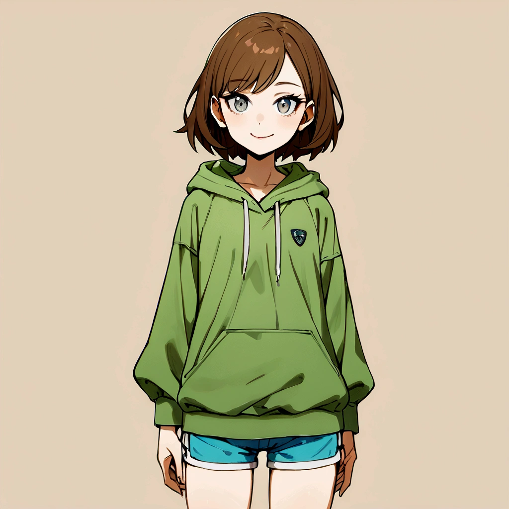 make me a female, , brown short hair, grey eyes, she's smiling, green hoodie and shorts