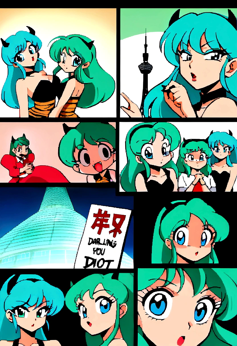 score_9, score_8_up, score_7_up, lum, retro artstyle, 1980s style, blue eyes, eyeshadow, green hair, long hair, bangs, tiny horns, aqua hair, dynamic angle, large round clear aviator glasses, (holding a sign with, text as "DARLING you idiot!", style_bebas:1.2), looks at the viewer menacingly, aim your hands at the viewer, shoots lightning at the viewer, shocks the viewer with electricity, bares her fangs, Revolving Restaurant, China Central Television Tower, Beijing background, ExpressiveH, horny, vintage comic style,