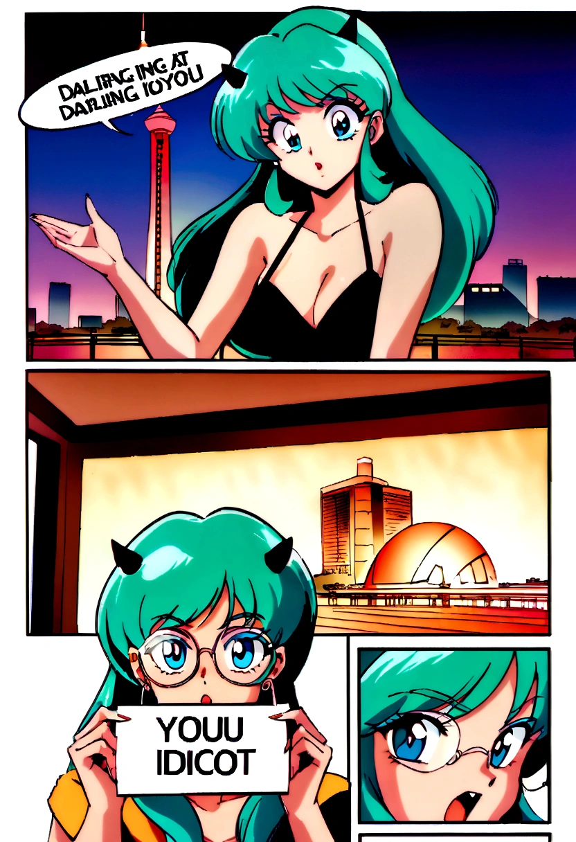 score_9, score_8_up, score_7_up, lum, retro artstyle, 1980s style, blue eyes, eyeshadow, green hair, long hair, bangs, tiny horns, aqua hair, dynamic angle, large round clear aviator glasses, (holding a sign with, text as "DARLING you idiot!", style_bebas:1.2), looks at the viewer menacingly, aim your hands at the viewer, shoots lightning at the viewer, shocks the viewer with electricity, bares her fangs, Revolving Restaurant, China Central Television Tower, Beijing background, ExpressiveH, horny, vintage comic style,