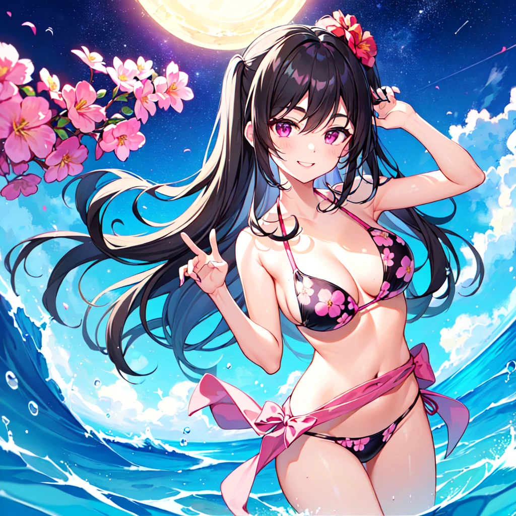 masterpiece, best quality, high quality, extremely detailed, very delicate and beautiful, (1 female 18 years old solo:1.2), (long black hair up to waist with two side up:1.4), bangs to eyebrows, eyes (eyes sharp, strong, glossy, glossy eyebrows), (eye color magenta:1.3), 6.5 head height, (bikini swimsuit with summer flower print:1.3), (smiling),(standing), (hand on head), (dynamic pose), (background ocean shallows:1.3), (Night Sky :1.3)