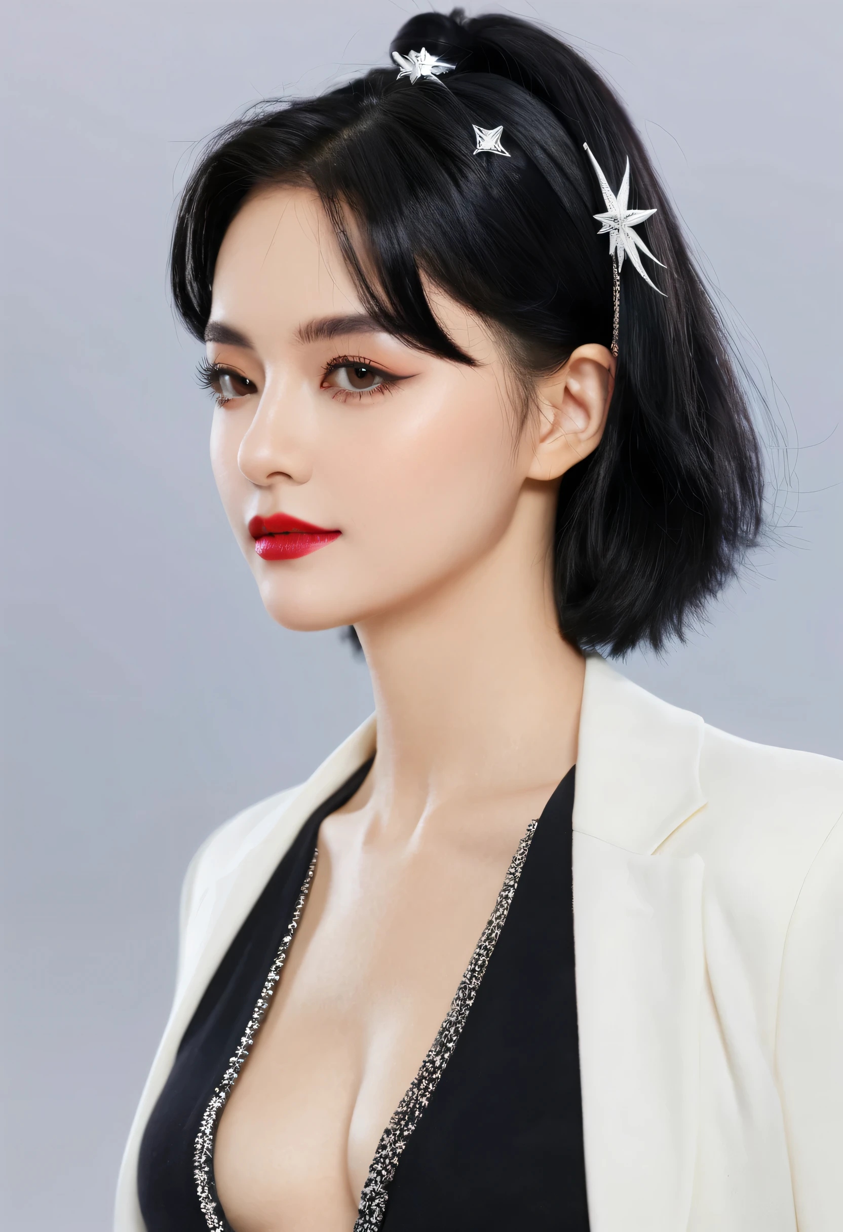 Black Hair, Short Ponytail, Widow Peak, Angel Halo, Devil's Horns, Colorful eyes, Pointed ears, Smile, young people, Concept Art, realism, Chiaroscuro, Anatomically correct, Textured Skin
