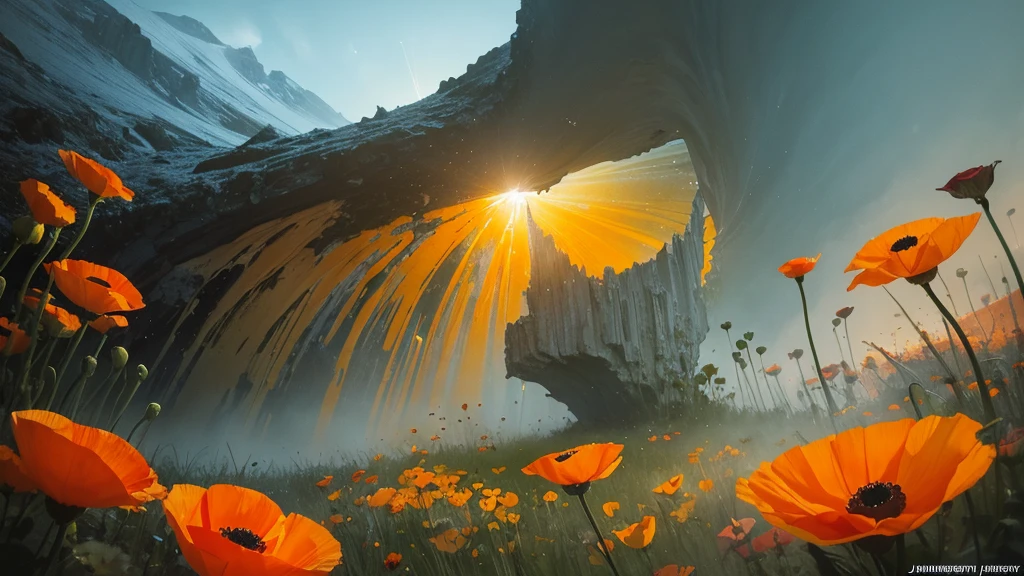 32k, Masterpiece, Highest quality, One girl, Detailed eyes, flower,Iceland Poppy, Orange and yellow style,A dreamy, romantic piece,Pale yellow, Mysterious Leaves,A playful arrangement,Fantasy,High Contrast,Ink strokes,explosion,Exposure, Impression of orange and yellow tones,Abstract,((Watercolours by John Berkey and Jeremy Mann )) Brush strokes,Negative Space, Tyndall effect,