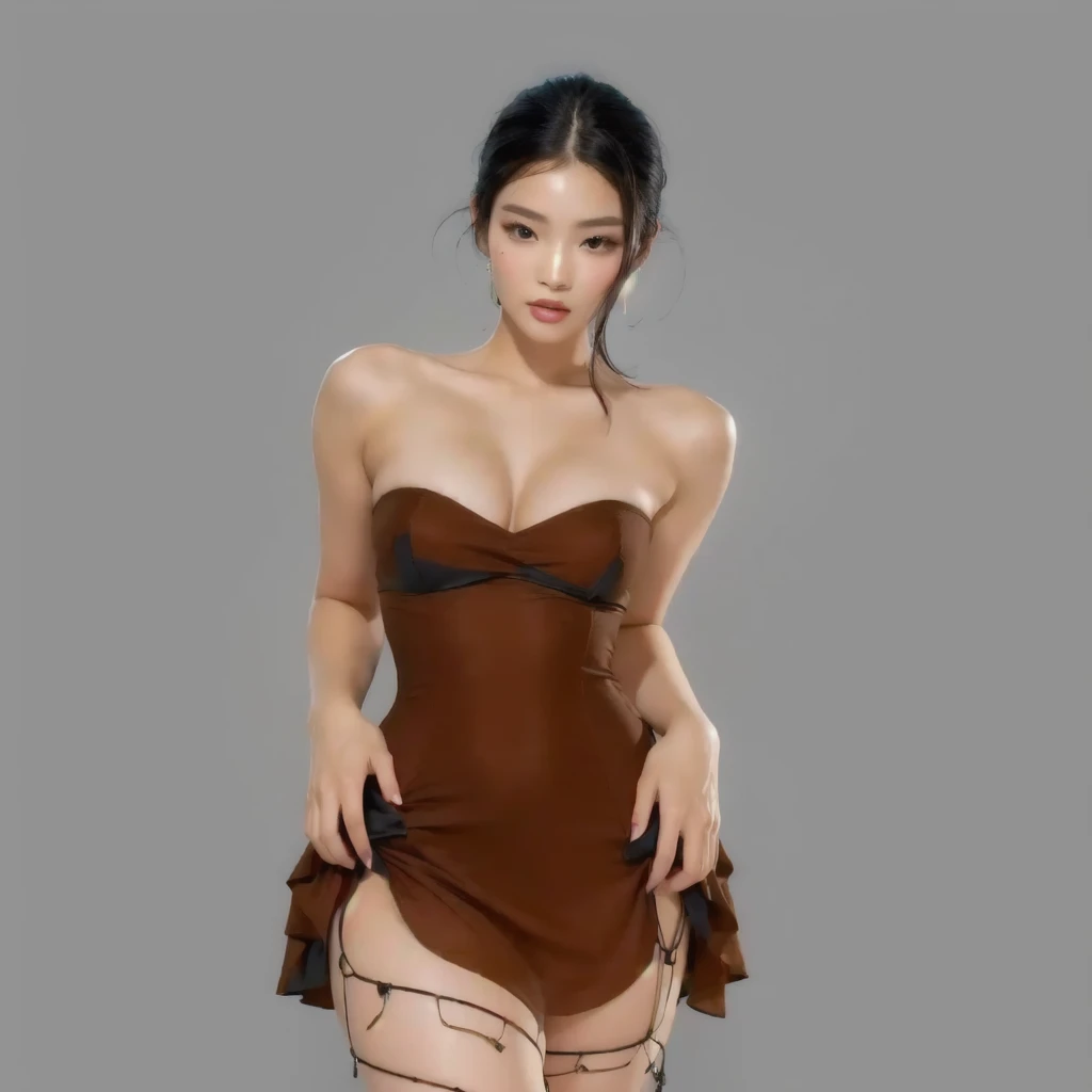 There is a woman in a brown dress posing for a photo, digital art of an elegant, deviantart art station cgscosiety, sexy dress, [ Artedigital 4K ]!!, succubus in short tight dress, photorealistic perfect body, chica sexy, slim girl model photo, korean female fashion model, trend on cgstation, Jennie Kim from black pink, detailed face, high quality 