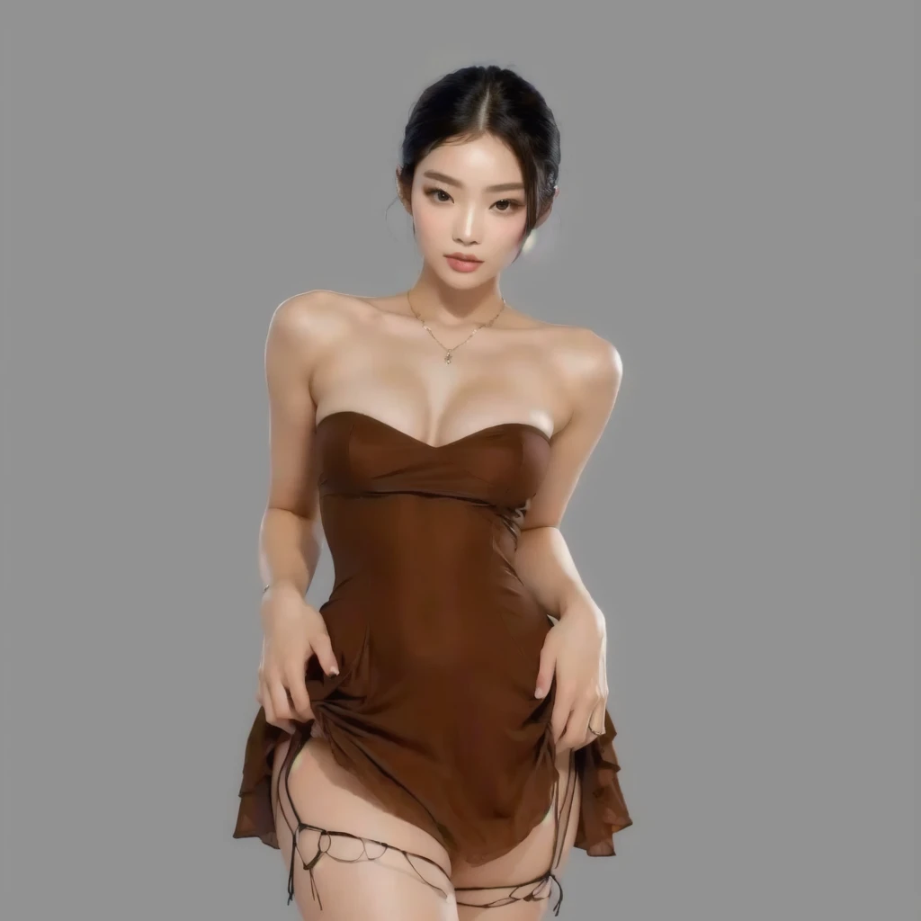 There is a woman in a brown dress posing for a photo, digital art of an elegant, deviantart art station cgscosiety, sexy dress, [ Artedigital 4K ]!!, succubus in short tight dress, photorealistic perfect body, chica sexy, slim girl model photo, korean female fashion model, trend on cgstation, Jennie Kim from black pink, detailed face, high quality 