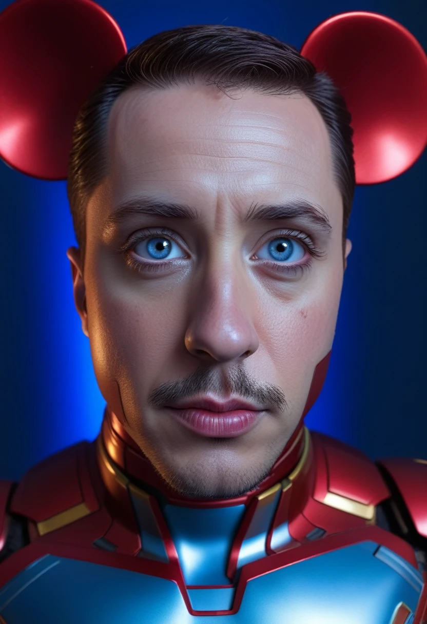 photorealistic,8k,masterpiece,highly detailed,beautiful detailed eyes,beautiful detailed lips,extremely detailed eyes and face,long eyelashes,Mickey Mouse,Iron Man suit,blue lighting,metallic shiny,dynamic,cinematic,hyper realistic,photographic