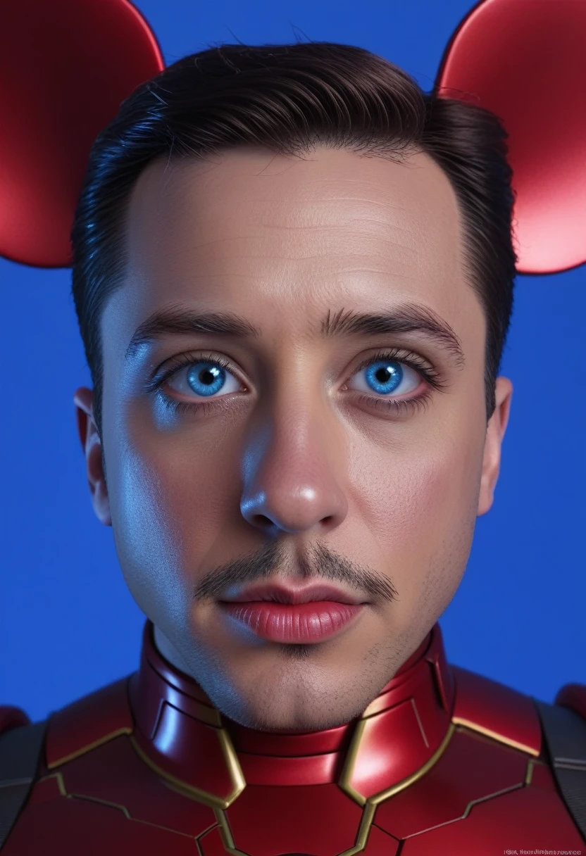 photorealistic,8k,masterpiece,highly detailed,beautiful detailed eyes,beautiful detailed lips,extremely detailed eyes and face,long eyelashes,Mickey Mouse,Iron Man suit,blue lighting,metallic shiny,dynamic,cinematic,hyper realistic,photographic