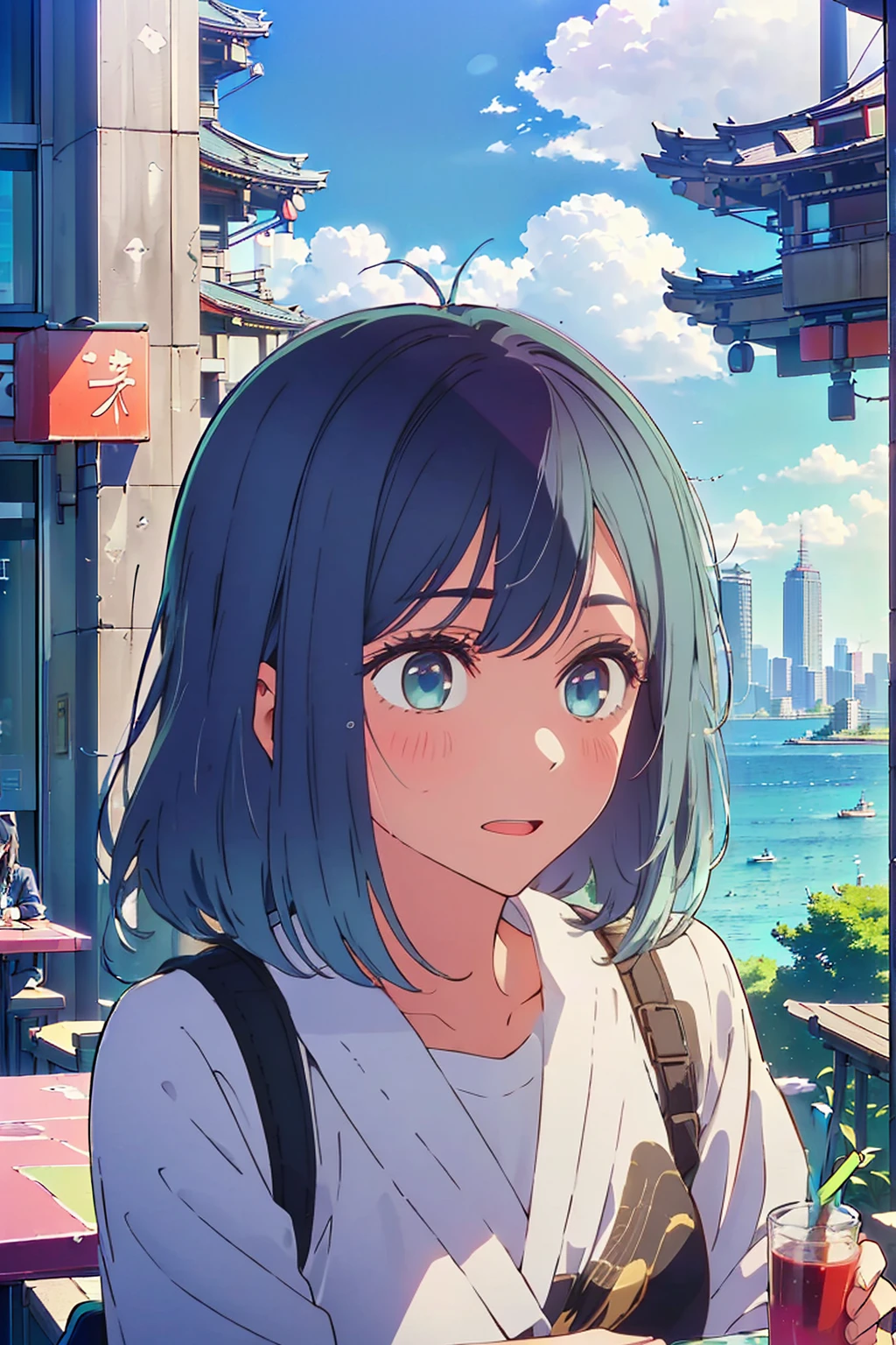 (Highest quality:1.4、masterpiece:1.4、超detailed:1.4、Ultra-high resolution:1.4、Absurd:1.4、Absolute Resolution:1.4、8K:1.4、detailed:1.4)、F cup bust、Big Breasts、Slim body、((((1 person、Surprised expression、sit、Chair、In the background are the urban buildings of Tokyo、coastal、looking at the camera、Outdoor café terrace、Navy hair color、juice、Shooting up close、table、Very cute face))))、bikini、Cheek resting on hand、Very blue sky、A completely cloudless sky