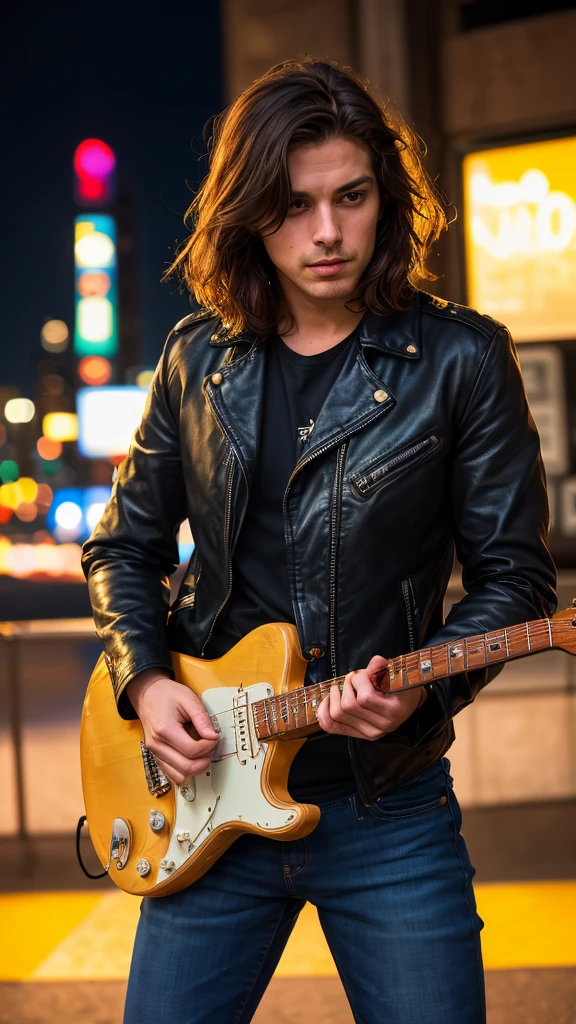 (work of art, best qualityer, high resolution:1.2), (photoshotrealistic:1.2), photoshot, (1 gorgeuos italian man), in highly detailed black leather jacket and jeans, shorth hair, photoshotgenic, Playing guitar, fender stratocaster, New York City, ultra-high details, diffuse light, dawn, background bokeh, perfect night, (beautiful night background:1.3), (Spitz), (Film grain:1.3), (morbid light:1.2), (dynamic angle), Exposure Mix, diffuse light, (hdr:1.4), hight contrast, (subdued colors, dark colours, calming hues:1.3), Low saturation, morbid
