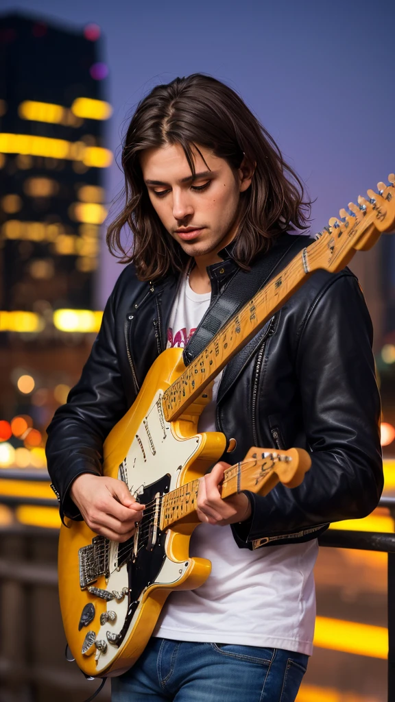 (work of art, best qualityer, high resolution:1.2), (photoshotrealistic:1.2), photoshot, (1 gorgeuos italian man), in highly detailed black leather jacket and jeans, shorth hair, photoshotgenic, Playing guitar, fender stratocaster, New York City, ultra-high details, diffuse light, dawn, background bokeh, perfect night, (beautiful night background:1.3), (Spitz), (Film grain:1.3), (morbid light:1.2), (dynamic angle), Exposure Mix, diffuse light, (hdr:1.4), hight contrast, (subdued colors, dark colours, calming hues:1.3), Low saturation, morbid