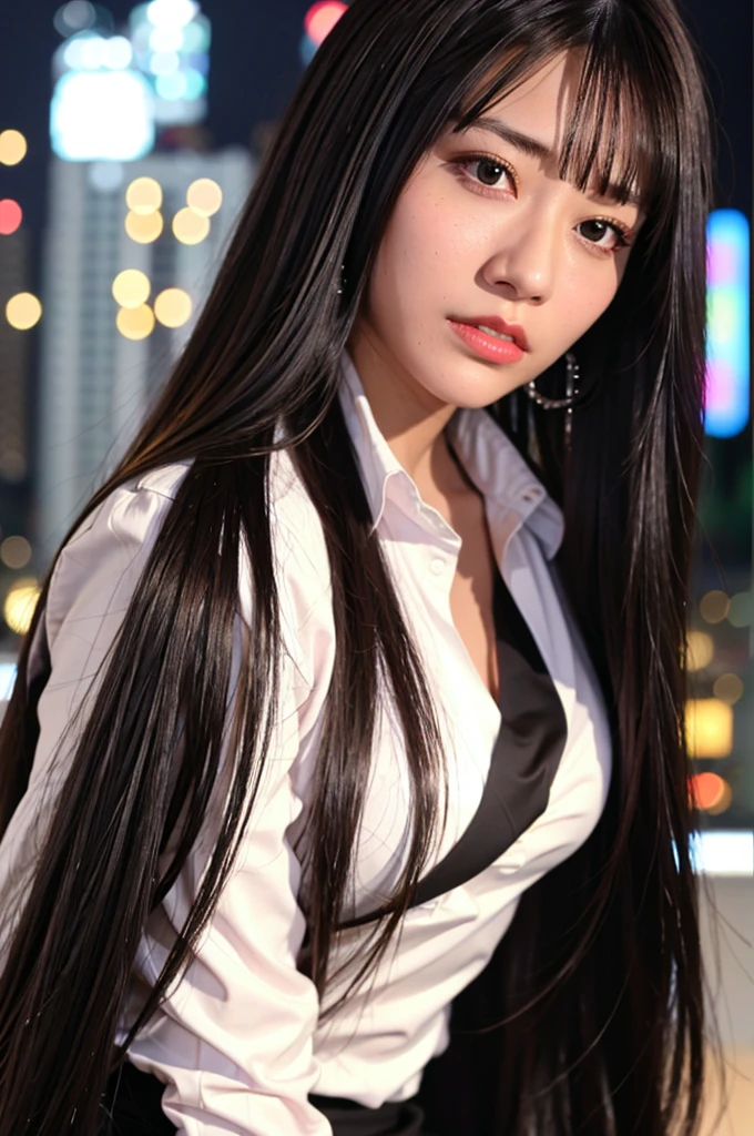 Nikon RAW photo,8 k,Fujifilm XT3,masterpiece, best quality, realistic, photorealistic,ultra detailed,1girl,solo,
close up portrait,

diamond stud earrings, long straight black hair, hazel eyes, serious expression, black blazer ,white shirt, white blouse, standing against a city skyline at night ,


saika1, 