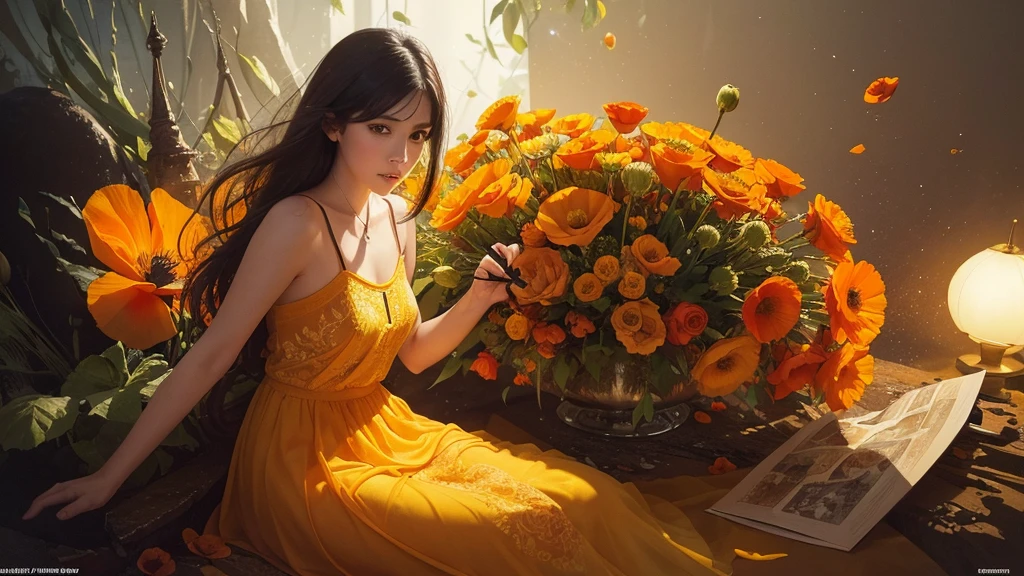 32k, Masterpiece, Highest quality, One girl, Detailed eyes, flower,Iceland Poppy, Orange and yellow style,A dreamy, romantic piece,Pale yellow, Mysterious Leaves,A playful arrangement,Fantasy,High Contrast,Ink strokes,explosion,Exposure, Impression of orange and yellow tones,Abstract,((Watercolours by John Berkey and Jeremy Mann )) Brush strokes,Negative Space, Tyndall effect,