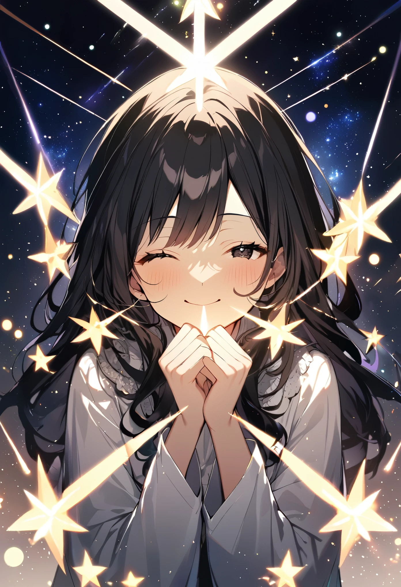 One girl, solo, black eye, White blouse, Long black hair, View your viewers, Particles of light, Laugh with your mouth closed, Starry Sky, Wizard's Hat, No sleeve, Exposing shoulders, With bangs, From the side From the side,( She is wearing a black hooded trench coat,It has fluff on it), Tilt your head, Beautiful and fine details, Detailed Background,Black long socks
