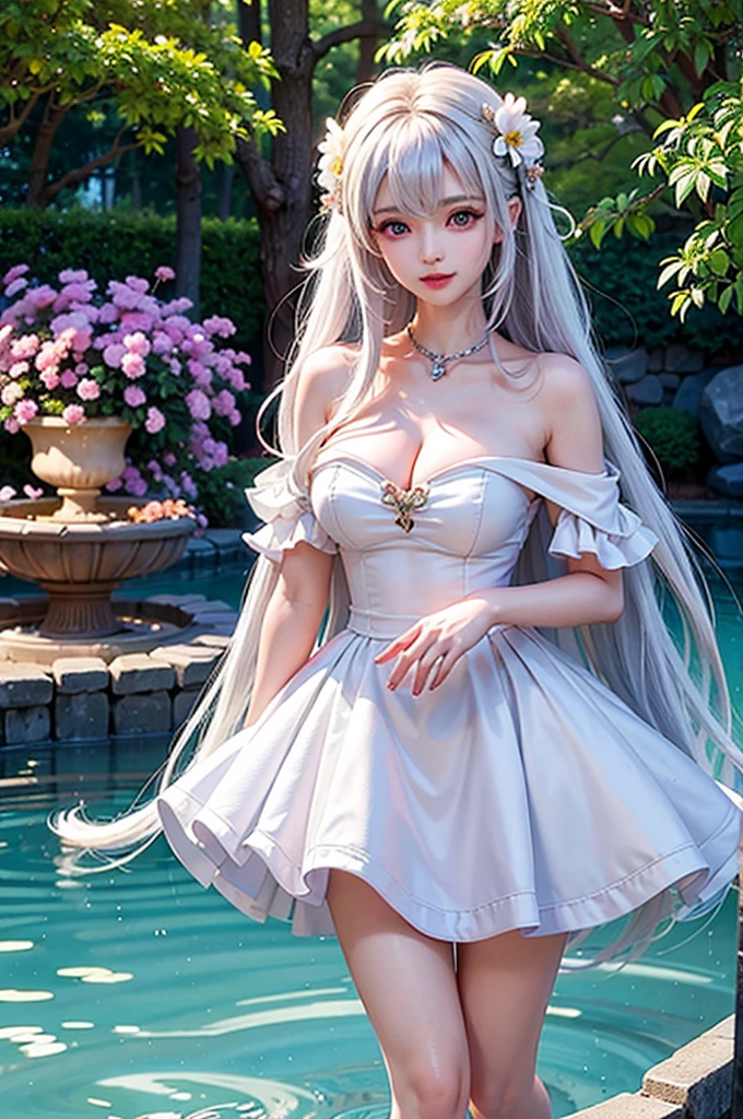 (Image above the chest)((masterpiece:1.5,Highest quality,Highly detailed images,Beautiful images、Realistic、Photorealistic、2.5D))(1girl, 独奏,)(Adult women、large breasts, white hair, beautiful eyes、Beautiful cleavage)(Off-the-shoulder dress、black dress:1.5, Deep slit)(smile, wind, floating hair)(bright、Soft lighting、garden、water fountain）
