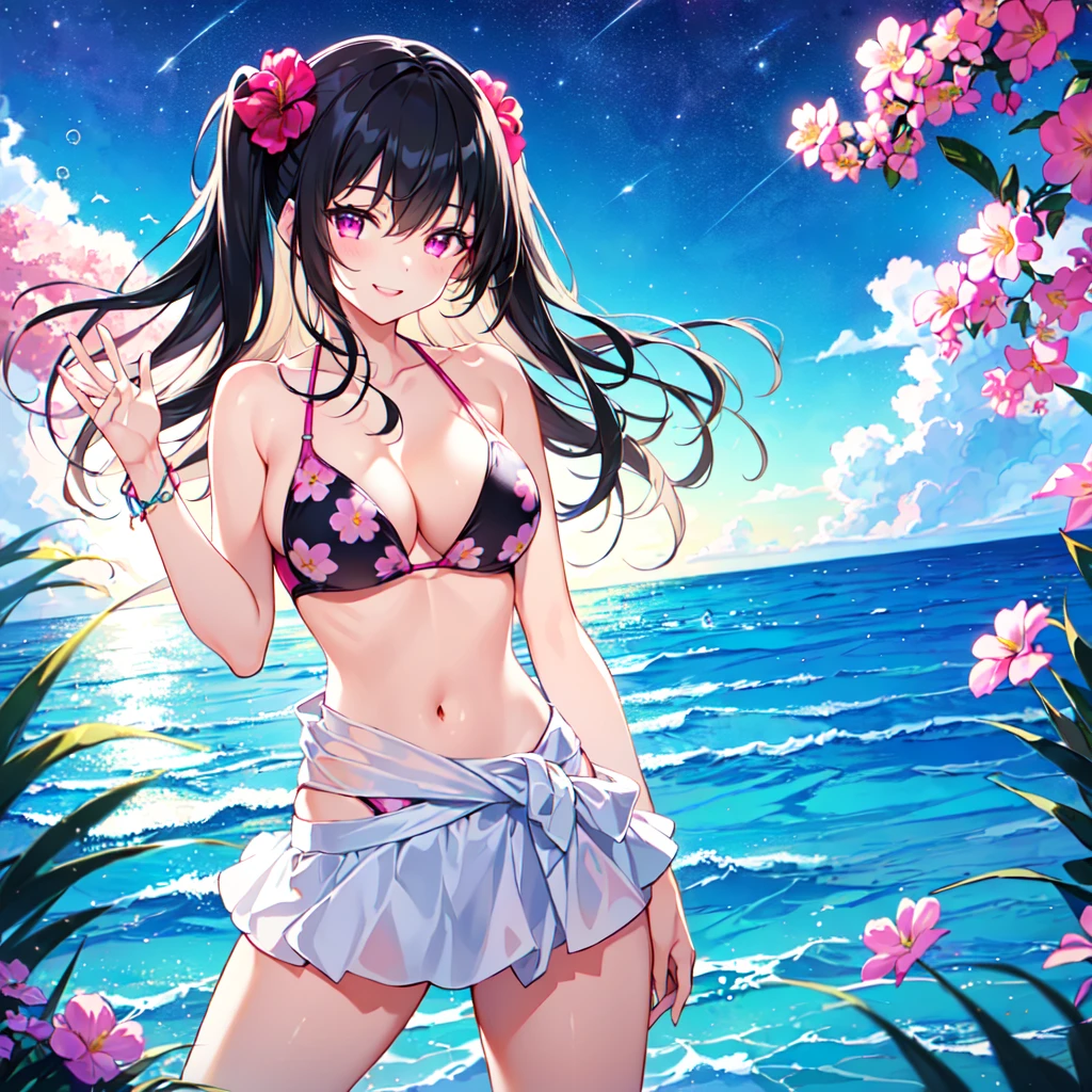 masterpiece, best quality, high quality, extremely detailed, very delicate and beautiful, (1 female 18 years old solo:1.2), (long black hair up to waist with two side up:1.4), bangs to eyebrows, eyes (eyes sharp, strong, glossy, glossy eyebrows), (eye color magenta:1.3), 6.5 head height, (bikini swimsuit with summer flower print:1.3), (smiling),(standing), (hand on head), (dynamic pose), (background ocean shallows:1.3), (Night Sky :1.3)