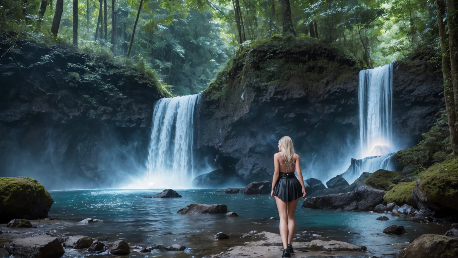 A stunning Russian beauty stands at the edge of massives waterfalls, her blonde hair blowing gently in the misty air. Her piercing blue eyes sparkle as she gazes up at the star-filled sky, where a (brilliant supernova:1.3) casts an otherworldly glow. The jungle around her is dark and mysterious, illuminated only by the soft flicker of a brasero's flames. She wears a (black mini skirt) and (tank top) that hugs her perfect body, highlighting every curve and contour as she poses confidently in front of the roaring waterfall.