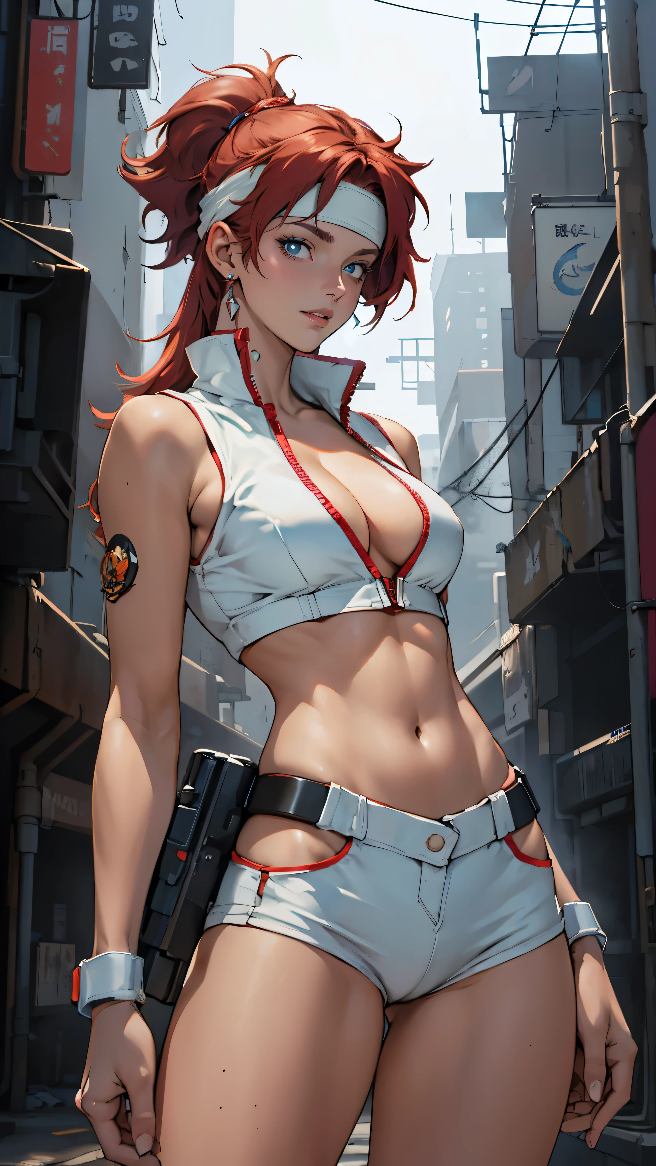 ((Masterpiece, highest quality; 1.3)), super quality, beautiful detail, super detailed, extra fine, 16K, exquisite, absurd, high resolution, beautiful background, detailed background, beautiful eyes, beautiful skin, anime style, Kay from Dirty Pair in a white outfit, tight outfit, cleavage, bushy redhead beauty, very light blue uniform, wearing tight clothes, skimpy, (mid chest: 1.2), cleavage, cleavage, slim waist , thin waist, slim thighs, thin legs, slim legs. thigh gap, showing stomach, skinny, thin hips, cyberpunk city background, holding retro space gun , headband, 