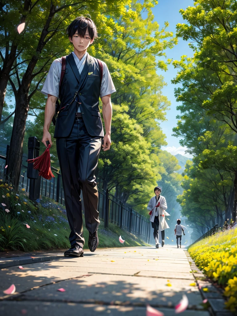Highest quality,Highest Resolution,A Japanese man walking along a green road with falling flower petals, pushing a stroller,