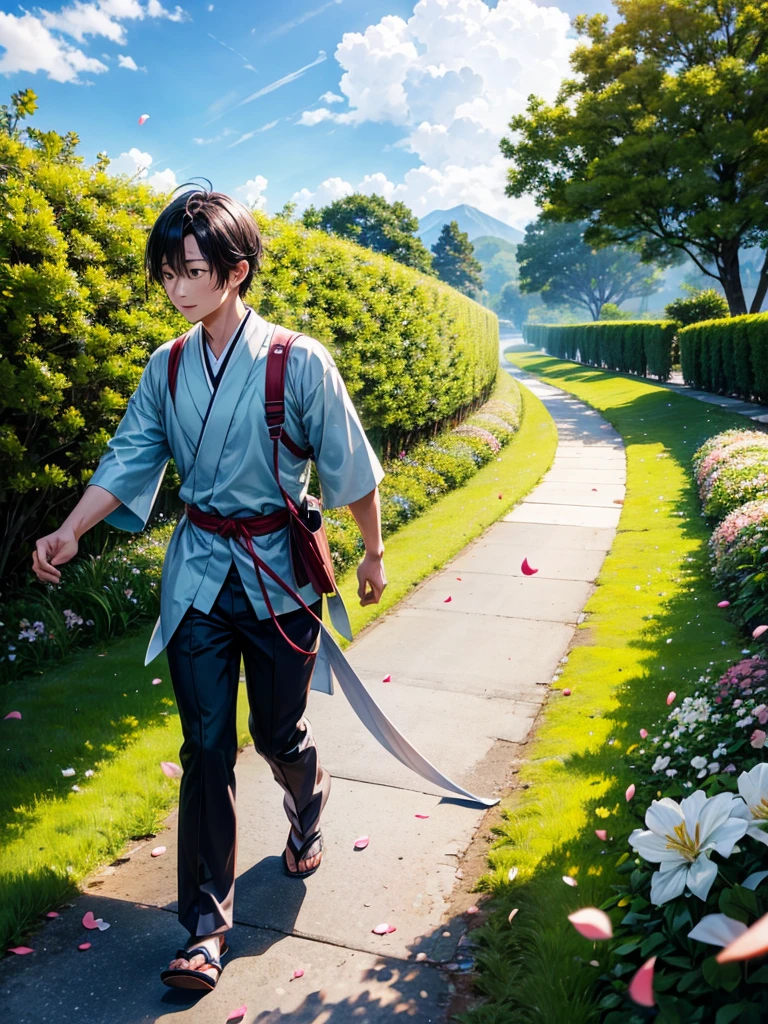 Highest quality,Highest Resolution,A Japanese man walking along a green road with falling flower petals, pushing a stroller,