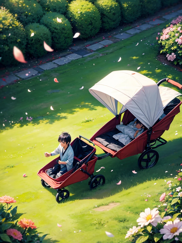 Highest quality,Highest Resolution,A Japanese man walking along a green road with falling flower petals, pushing a stroller,