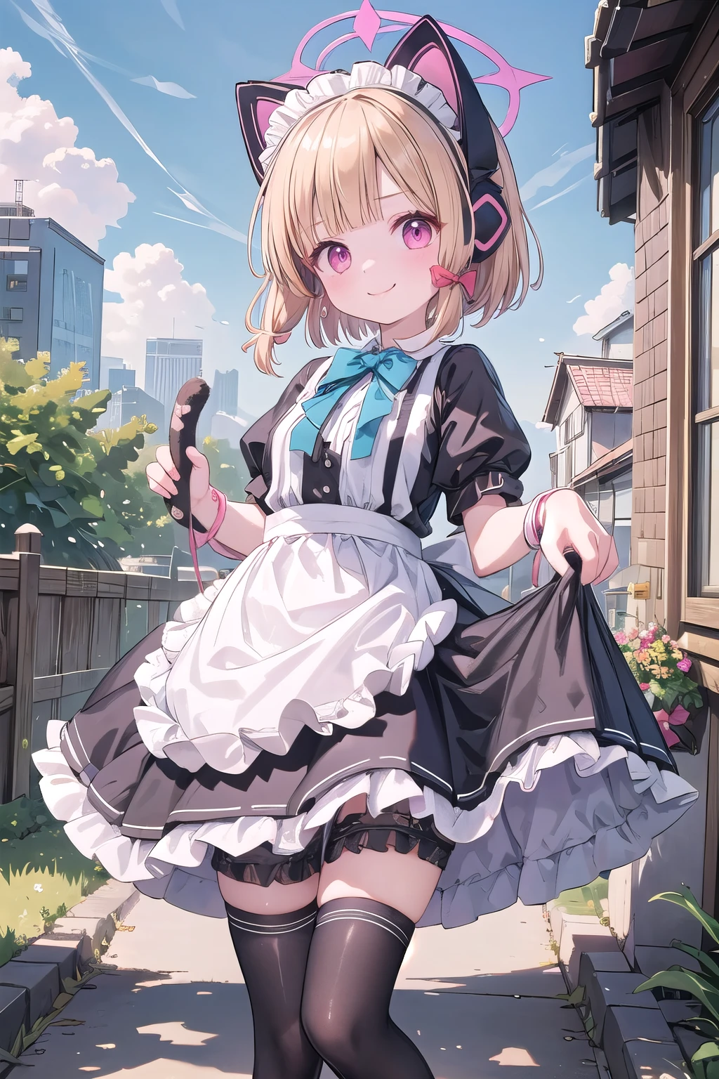 best quality, quality, masterpiece, 1girl, solo, momoi, momoi (blue archive), brown hair, cat headphones, smile, standing, short hair, straight hair, blunt bangs, looking at viewer, smile, white-black dress,****ta dress, maid costume, shiny dress, bow, apron, frills, puffy short sleeves, hair ornament, white thighhighs, white long socks, Standing, outdoor 