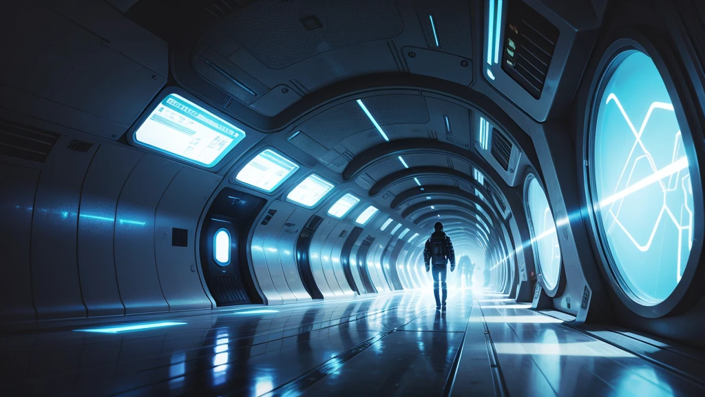 a close up of a all-glass transparent quiet open-air tunnel with neon lights in the dark, spaceship hallway background, spaceship hallway, depicted as a scifi scene, futuristic lighting, futuristic setting, futuristic cyber subway station, claustrophobic and futuristic, cyber space, the image is futuristic, entering a quantum wormhole, inside a space ship, retrofuturist liminal space, detailed sci-fi backgrounds