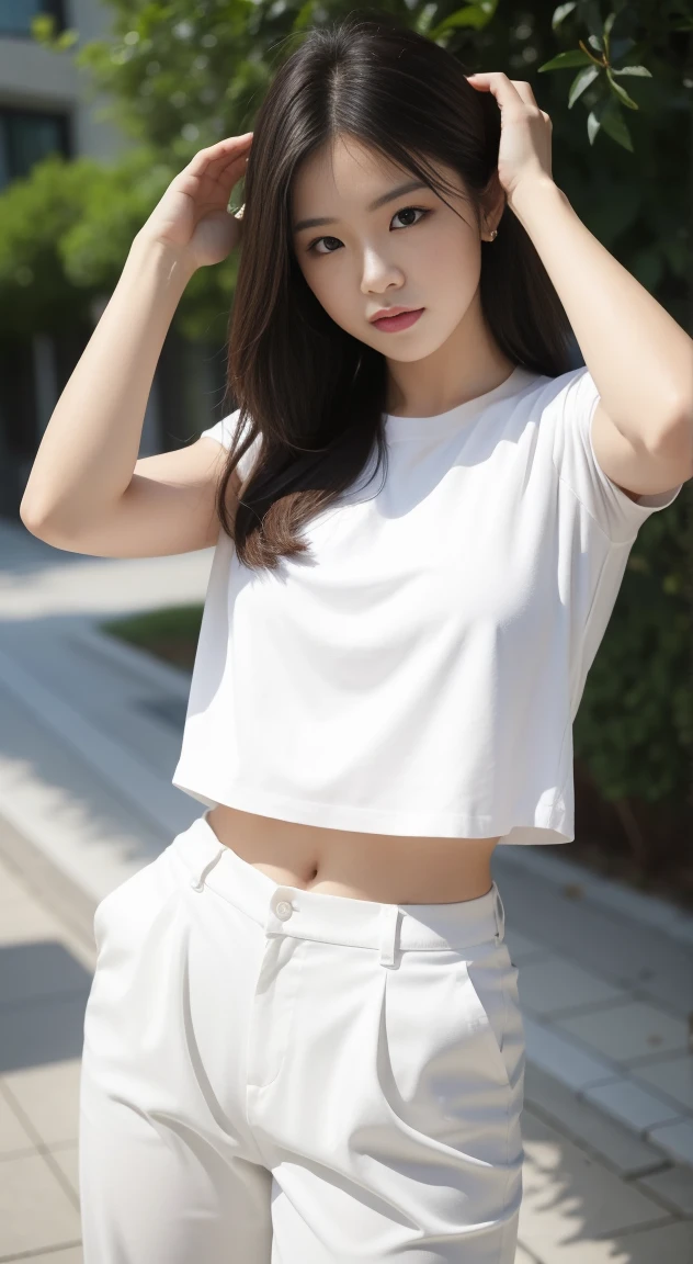 A woman wearing a top and white pants poses for a photo, it's beautiful. Big Muscle, Perfect body, 非常strong和高大, Big Muscle, Muscle tissue, strong的手臂, Huge muscles, showing off biceps, Huge muscles, Muscle tissue, Muscle tissue, Rip, Powerful and huge, Muscle Girl, Strong body, strong, Women and muscles,background:Gym