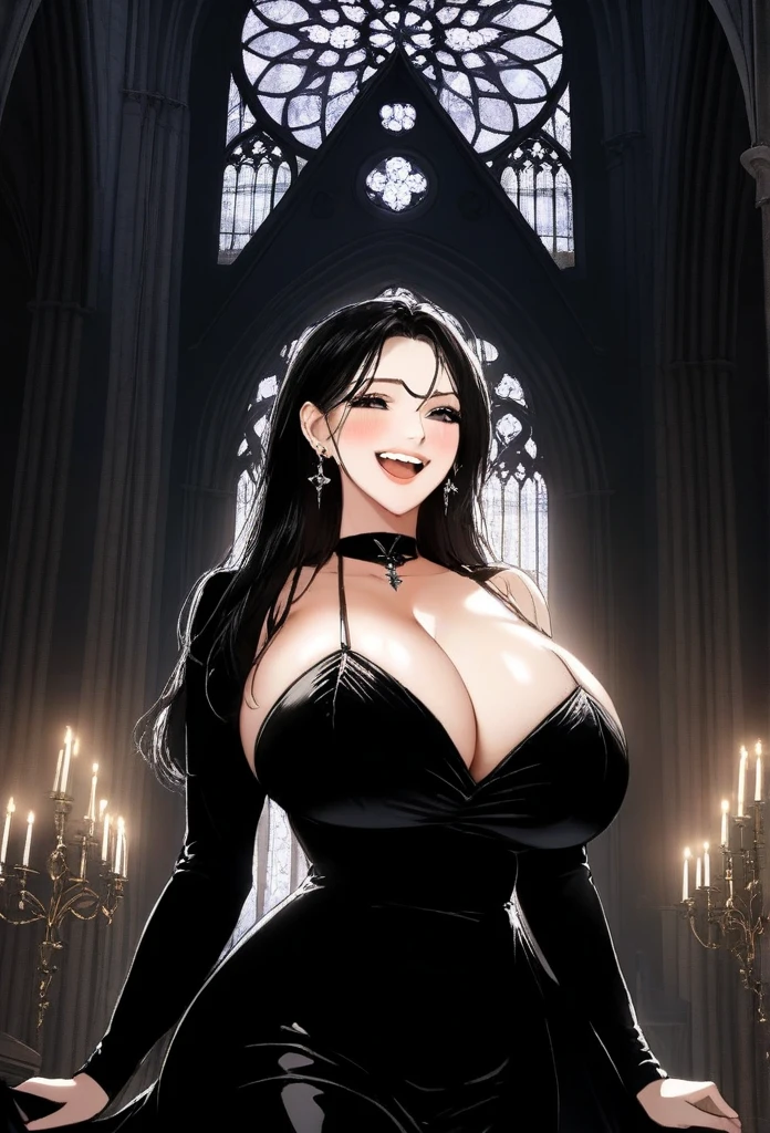 an  woman with the bearing of a madame in a velvet dress laughing wickedly with black eyes and lights and shadows in all art with a background of a Gothic interior church, Gothic,big breasts , earrings 