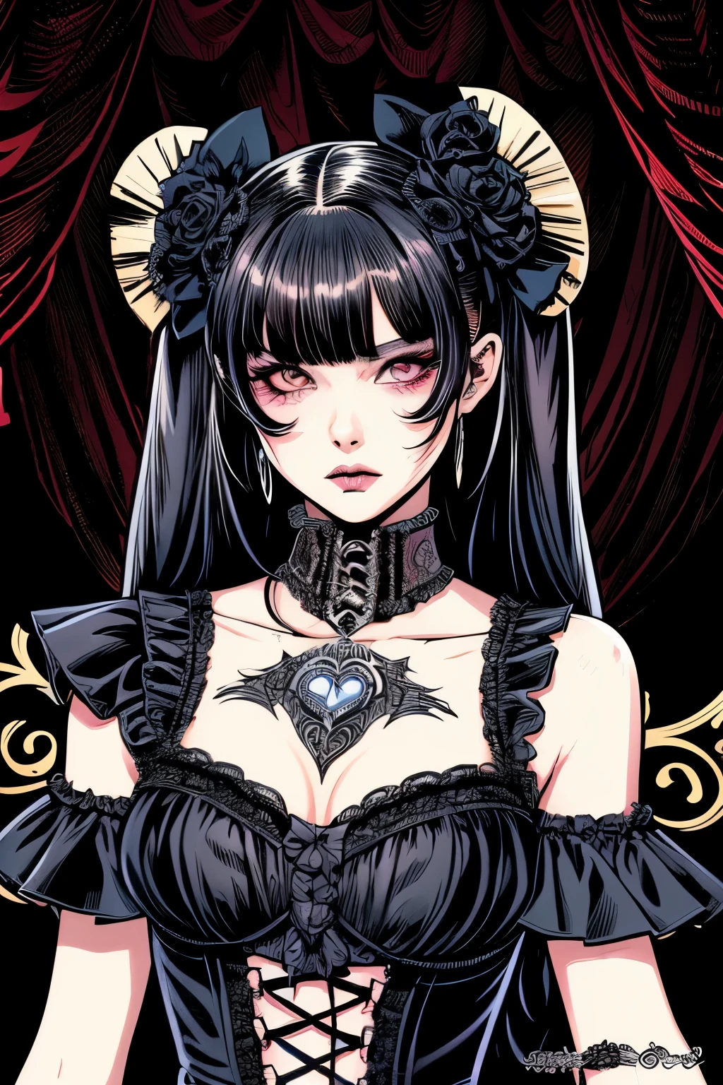 (Beautiful Hardcore Illustration homepage illustration style, high resolution, 8k, hard touch illustration), strong outline:1.2, 1 girl, gothic & lolita style, gothic & lolita fashion, American comic style, Art Déco style background, aggressive, beautiful face, cool beauty, dress, Hard illustration, 