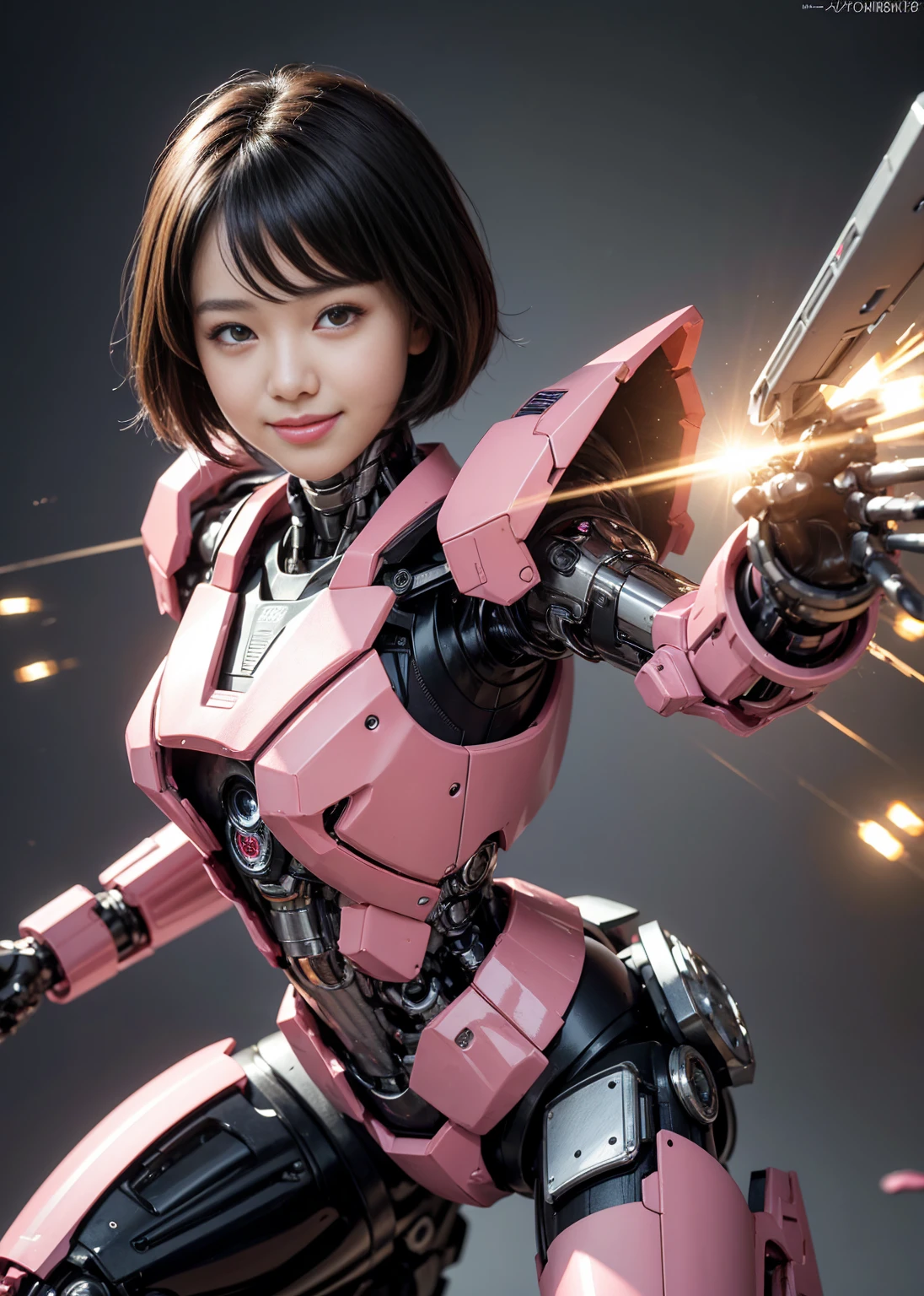 Textured skin, Super detailed, Attention to detail, high quality, 最high quality, High resolution, 1080P, hard disk, beautiful,(Terminator),beautifulサイボーグ女性,Pink Mecha Cyborg Girl,Battle Mode,Girl with a mechanical body,She is wearing a combat cyborg mech with weapons,Full Body Shot bare hands Boyish short hair Berry Short Brown eyes Black Hair girl Steam from the head cute smile