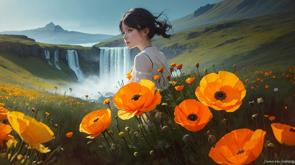 32k, Masterpiece, Highest quality, One girl, Detailed eyes, flower,Iceland Poppy, Orange and yellow style,A dreamy, romantic piece,Pale yellow, Mysterious Leaves,A playful arrangement,Fantasy,High Contrast,Ink strokes,explosion,Exposure, Impression of orange and yellow tones,Abstract,((Watercolours by John Berkey and Jeremy Mann )) Brush strokes,Negative Space, Tyndall effect,