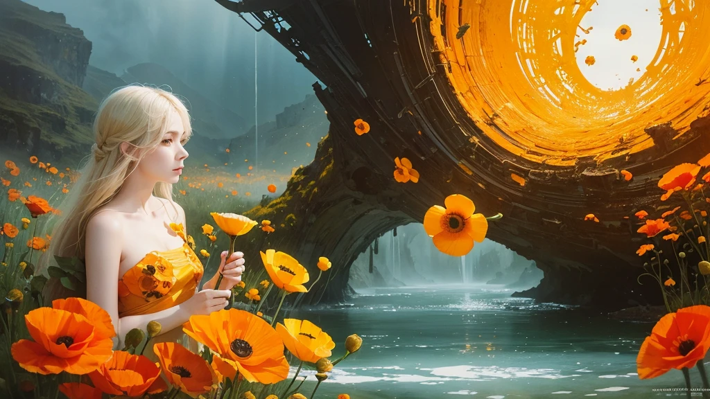 32k, Masterpiece, Highest quality, One girl, Detailed eyes, flower,Iceland Poppy, Orange and yellow style,A dreamy, romantic piece,Pale yellow, Mysterious Leaves,A playful arrangement,Fantasy,High Contrast,Ink strokes,explosion,Exposure, Impression of orange and yellow tones,Abstract,((Watercolours by John Berkey and Jeremy Mann )) Brush strokes,Negative Space, Tyndall effect,