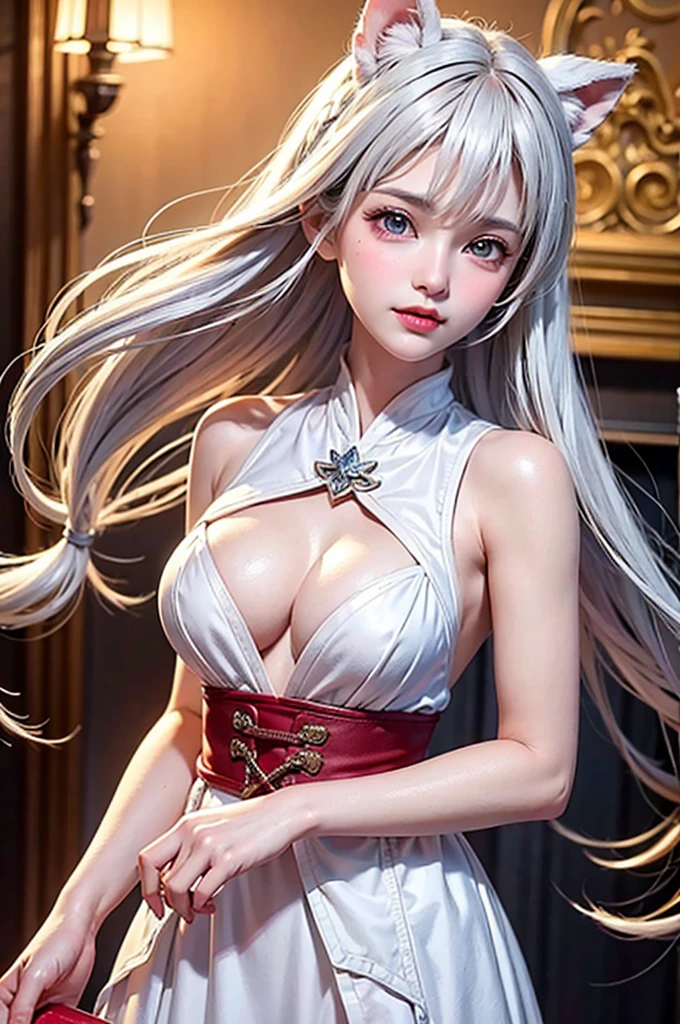 (Close-up image)((masterpiece:1.5,Highest quality,Highly detailed images,Beautiful images、Realistic、Photorealistic、2.5D))(1girl, 独奏,)(Adult women、medium beautiful breasts, white hair, beautiful eyes、Beautiful cleavage)(cleavage_cutout, quilting, Long dress)(smile, wind, floating hair)(dark、Soft lighting、Fantastic Background)