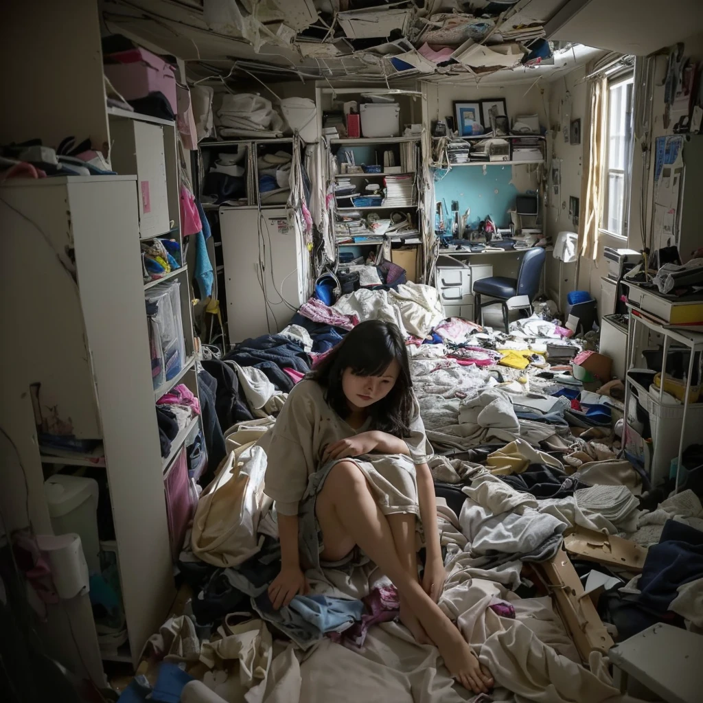 there is a woman sitting in a Messy room with a lot of clutter, inside a Messy room, Messy room, Claustrophobic room, Messy bedroom, Messy bedroomの中, Dirty room, Chaotic bedroom, Dirty apartment, In a decaying hospital room, Messy room, Crimmed New York apartment, A small room in Tokyo