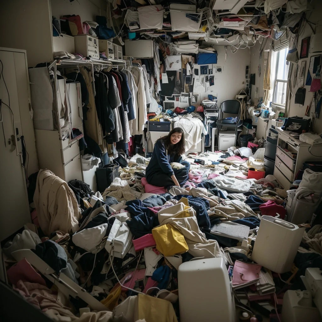 there is a woman sitting in a Messy room with a lot of clutter, inside a Messy room, Messy room, Claustrophobic room, Messy bedroom, Messy bedroomの中, Dirty room, Chaotic teen bedroom, Dirty apartment, In a decaying hospital room, Messy room, Crimmed New York apartment, A small room in Tokyo