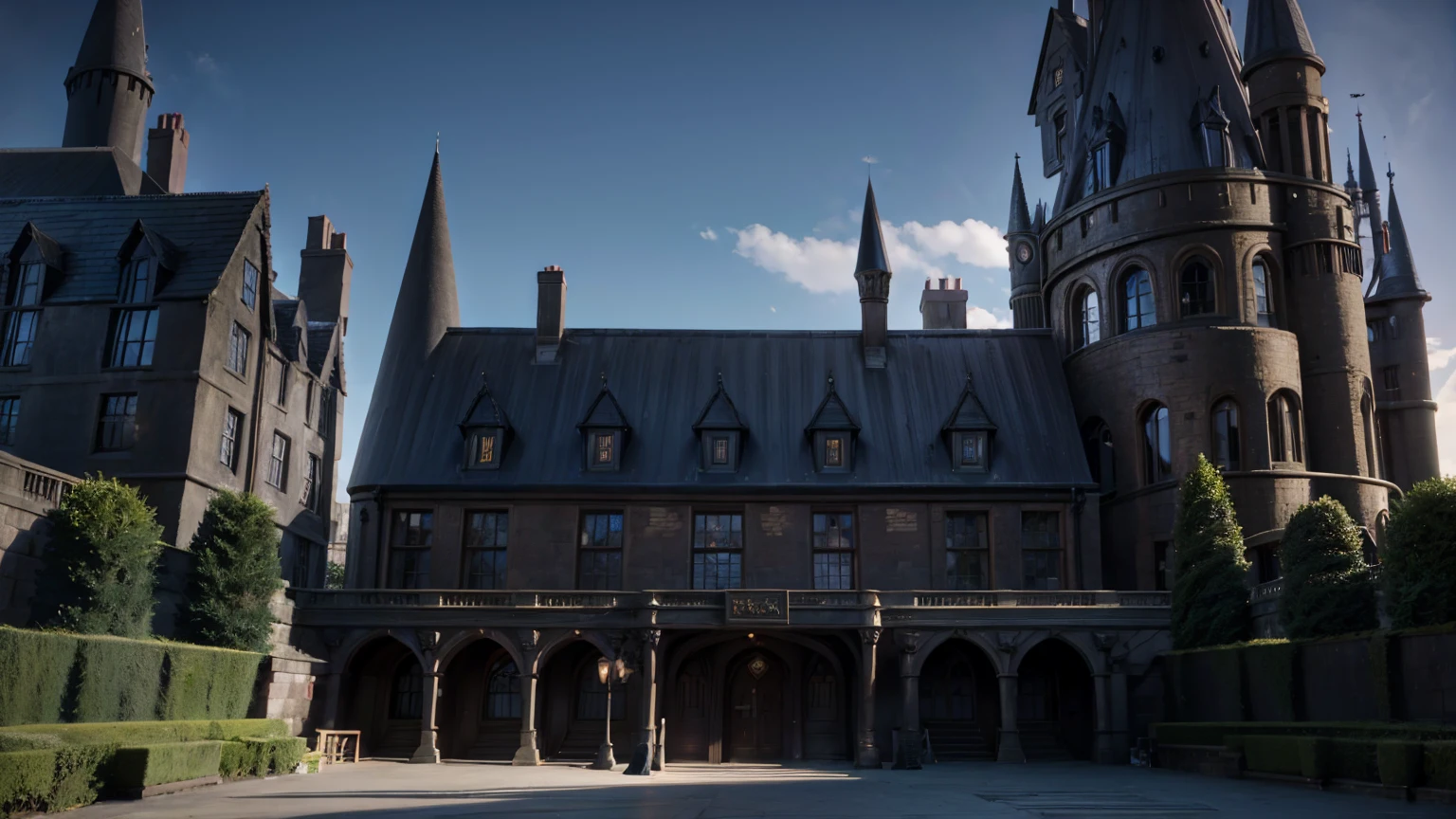 outside front view of harry potter school, harry potter school,
