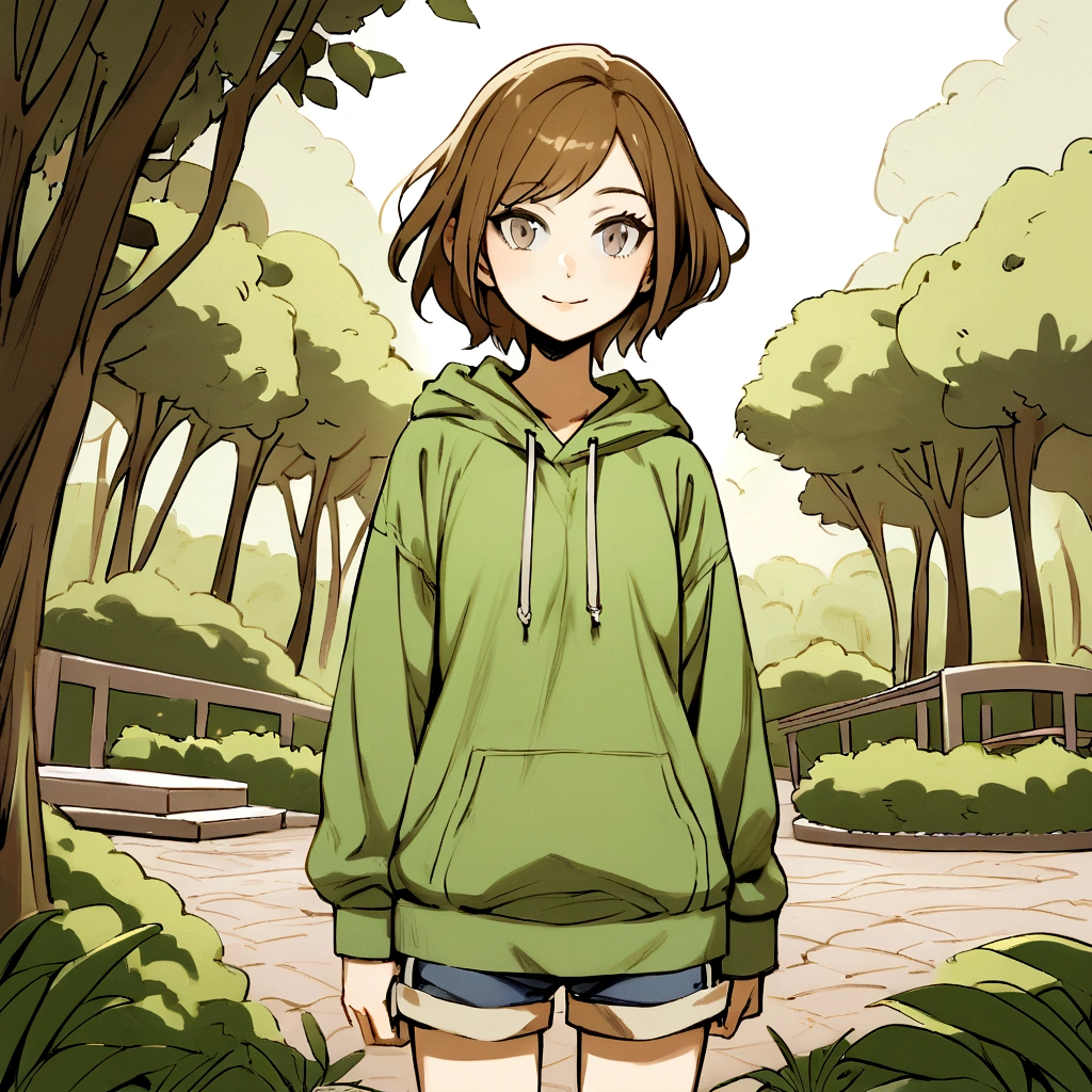 make me a female, 16 years old, brown short hair, grey eyes, she's smiling, green hoodie and shorts, park behind her