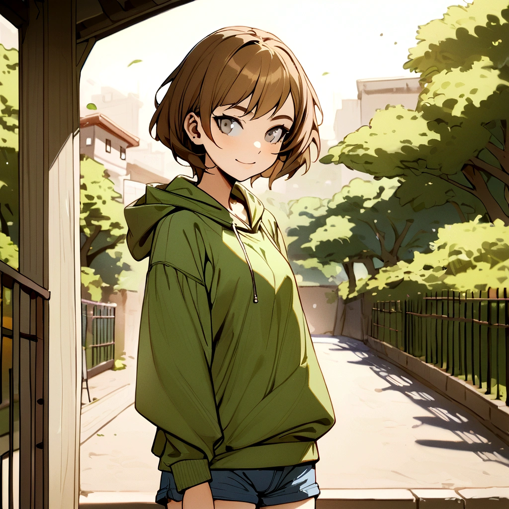 make me a female, , brown short hair, grey eyes, she's smiling, green hoodie and shorts, park behind her