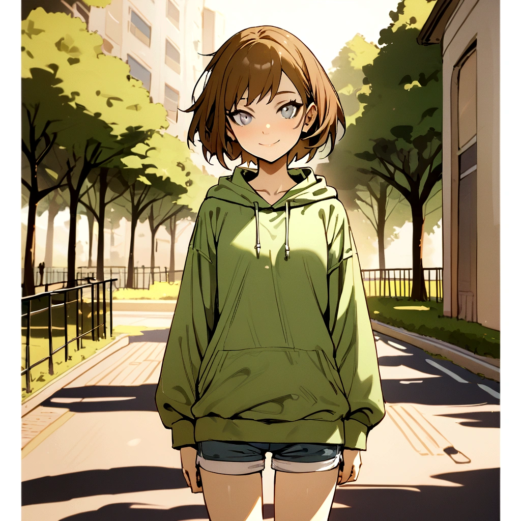 make me a female, ************, brown short hair, grey eyes, she's smiling, green hoodie and shorts, park behind her