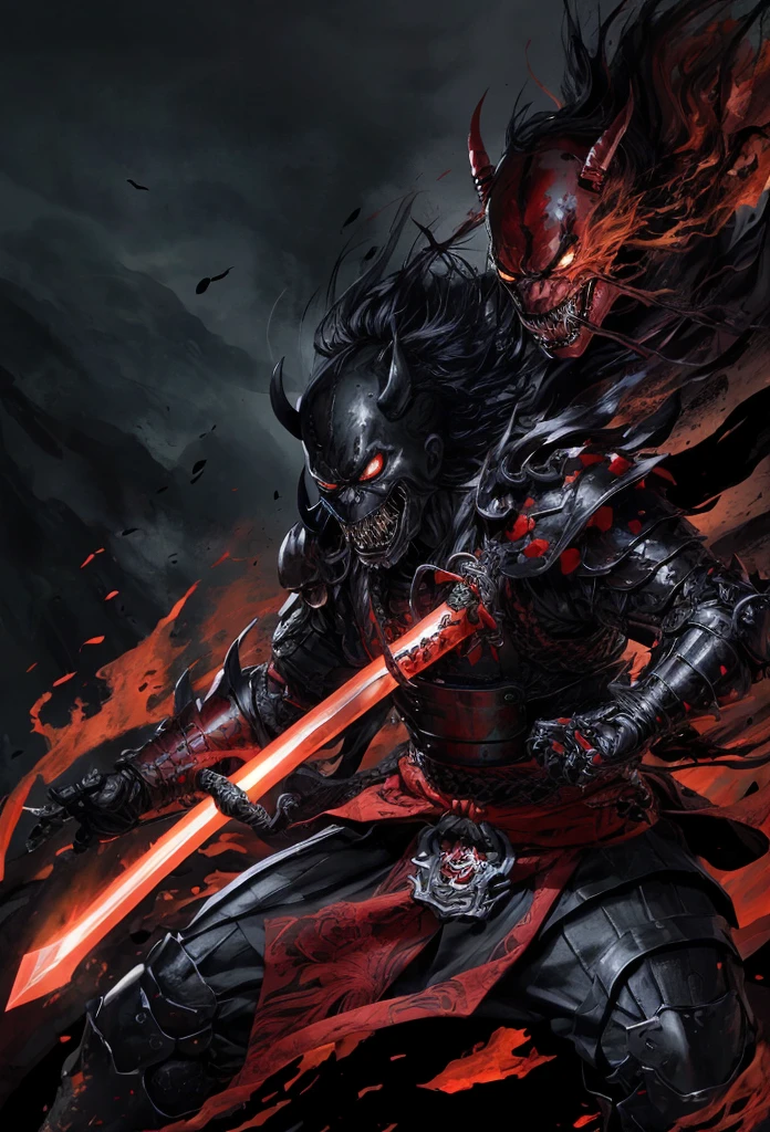 Venom oni face mask Samurai, black and red battle Armor,hyperrealism, very detailed skin, 4k,, great lighting, action shot,, Dual Swords splash art, highly detailed, beautiful, 4K, masterpiece 