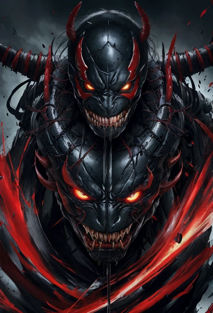 Venom oni face mask Samurai, black and red battle Armor,hyperrealism, very detailed skin, 4k,, great lighting, action shot,, Dual Swords splash art, highly detailed, beautiful, 4K, masterpiece