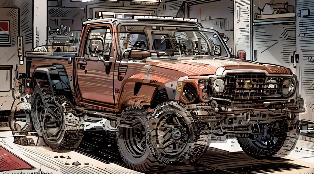 ((Best Quality)), ((masterpiece)), Highly detailed, 8K, red 6x6 heavy pickup truck, red dirty matte paint, boxy angles, boxy 80s design, ((2 pairs of back wheels:1.3)), bright showroom, cel-shaded, line art, bold black outlines, comic style, inkpunk, bright photoshoot lighting, ((isometric symmetry:1.2))